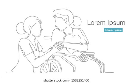 nurse with patient hand holding heart shape, nursing home care concept, single continuous line drawing style vector illustration 