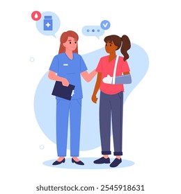 Nurse with patient. Medical worker and patient with plastered hand, female doctor advising patient flat vector illustration. Medical emergency room appointment