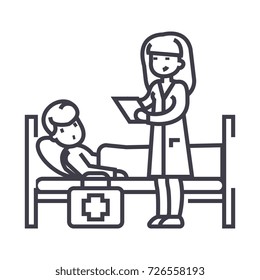 nurse and patient vector line icon, sign, illustration on background, editable strokes