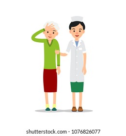 Nurse and patient. Young physician stands and supports an elderly woman. Cartoon illustration isolated on white background in flat. Full length portrait of doctor woman, physician or medical assistant