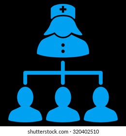 Nurse Patients Connections vector icon. Style is flat symbol, blue color, rounded angles, black background.
