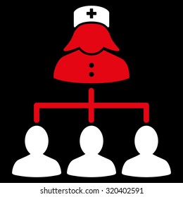 Nurse Patients Connections vector icon. Style is bicolor flat symbol, red and white colors, rounded angles, black background.