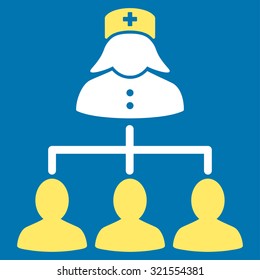 Nurse Patients Connections vector icon. Style is bicolor flat symbol, yellow and white colors, rounded angles, blue background.