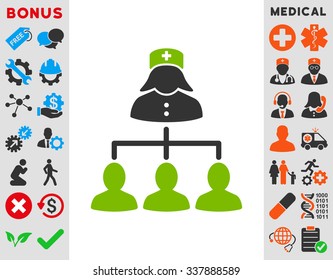 Nurse Patients Connections vector icon with bonus. Style is bicolor flat symbol, eco green and gray colors, rounded angles, white background.