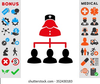 Nurse Patients Connections vector icon. Style is bicolor flat symbol, intensive red and black colors, rounded angles, white background.