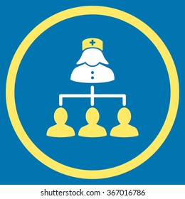 Nurse Patients Connections vector icon. Style is bicolor flat circled symbol, yellow and white colors, rounded angles, blue background.