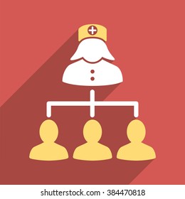 Nurse Patients long shadow vector icon. Style is a light flat symbol on a red square button.