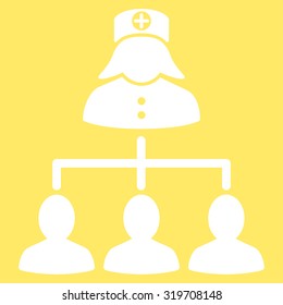 Nurse Patients vector icon. Style is flat symbol, white color, rounded angles, yellow background.