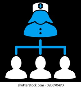 Nurse Patients vector icon. Style is bicolor flat symbol, blue and white colors, rounded angles, black background.