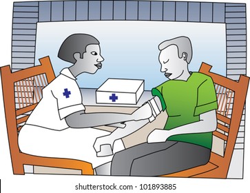 Nurse performing first aid on a patient with an injury