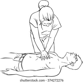 nurse performs first aid on a man with a heart attack in the street