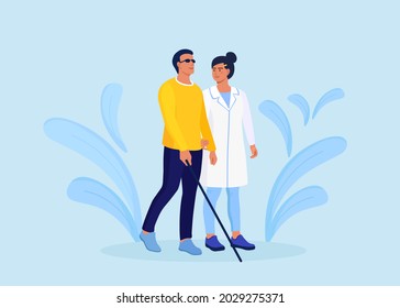 Nurse or Physician helps blind patient to walk with cane. Doctor assisting disabled man. Blindness, disability, therapy, medical expertise. Vector illustration