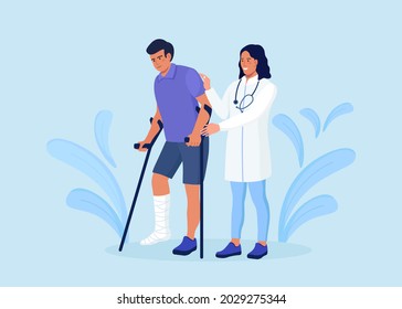 Nurse or Physician helps patient with broken leg to walk. Doctor comforts injured person on crutches with plaster cast on his leg for recovery. Vector illustration