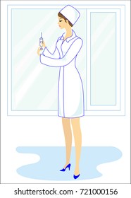 The nurse picks up the medicine in the syringe. Experienced professional. Medical care of high quality. Vector illustration.