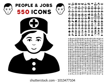 Nurse pictograph with 550 bonus pitiful and happy jobs pictograms. Vector illustration style is flat black iconic symbols.