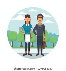nurse and pilot cityscape round icon