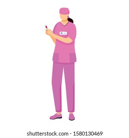 Nurse in pink uniform flat vector illustration. Medic with syringe cartoon character. Professional hospital midwife. Physician, doctor doing procedure. Medicine and healthcare worker isolated on white