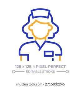 Nurse pixel perfecto icono de línea de dos colores. Persona capacitada para atender a pacientes hospitalizados. Símbolo bicolor del contorno de la carrera del personal médico. Pictograma lineal duotono. Ilustración aislada. Trazo editable