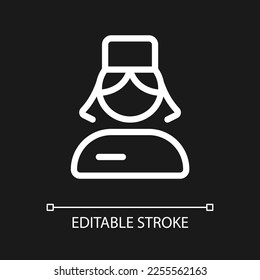 Icono de ui lineal de píxel blanco perfecto para el tema oscuro. Auxiliar profesional. Doctora. Pictograma de la línea del vector. Símbolo de interfaz de usuario aislado para el modo nocturno. Trazo editable. Tipo de letra arial utilizado