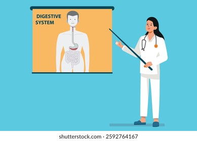 Nurse pointing at digestive system schema on projector screen during medical lecture or presentation