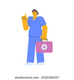 Nurse pointing finger up and holding suitcase. Vector Illustration