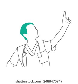 
Nurse pointing upward with her finger line illustration on white background.