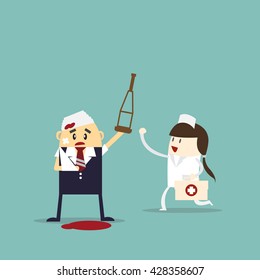 Nurse policing at hospital with patient who was an accident. Cartoon character