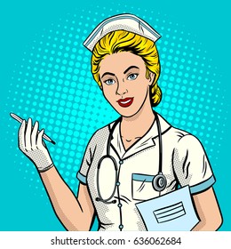 Nurse pop art retro vector illustration. Comic book style imitation.