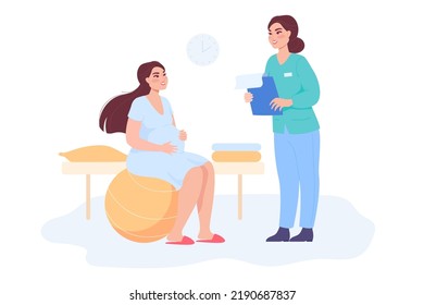 Nurse and pregnant woman sitting on fitness ball. Mother in labor flat vector illustration. Pregnancy, childbirth, health care, fitness concept for banner, website design or landing web page