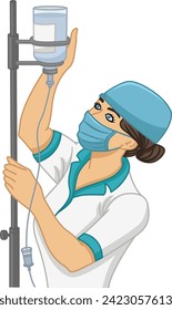 Nurse Prepares Dropper. Vector Illustration of a Nurse in a Medical Gown, Protective Mask, Headgear and Dropper. Medicine Concept