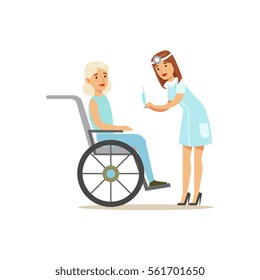 Nurse Preparing Injection For Old Lady In Wheelchair, Hospital And Healthcare Illustration