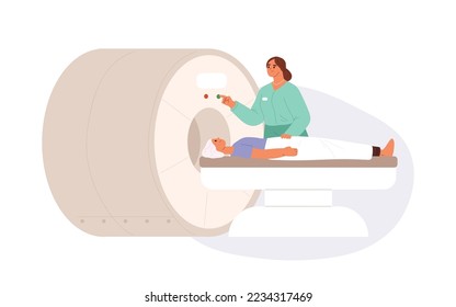 Nurse preparing man to magnetic resonance imaging. Doctor diagnoses patients condition. Male lying in x-ray diagnostic apparatus. MRI exam procedure in hospital. Cartoon flat vector illustration