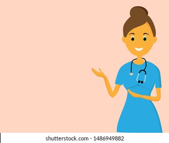 Nurse at the presentation. A gesture pointing to text. Light pink background.