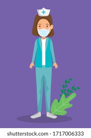 Pflegepersonal mit Gesichtsmaske mit Blattdekoration Vektorillustration-Design