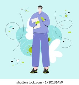 Nurse in protecting face mask shield. Modern vector illustration of person character in white medical face mask. Stop Coronavirus concept. 