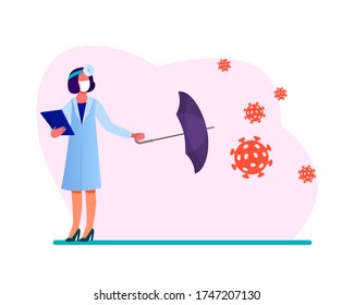 Nurse protecting from viruses attack. Physician, umbrella, prescription flat vector illustration. Medicine and healthcare concept for banner, website design or landing web page