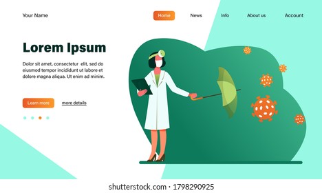 Nurse protecting from viruses attack. Physician, umbrella, prescription flat vector illustration. Medicine and healthcare concept for banner, website design or landing web page