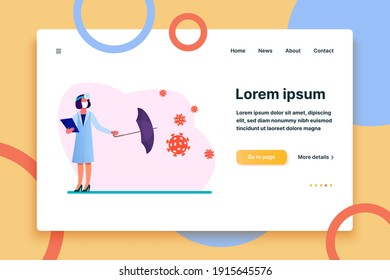 Nurse protecting from viruses attack. Physician, umbrella, prescription flat vector illustration. Medicine and healthcare concept for banner, website design or landing web page