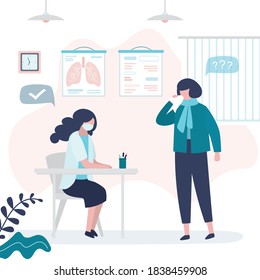 Nurse in protection mask exams patient. Female character at doctor's appointment. Interior of office or cabinet. Concept of medicine, healthcare and hospital. Trendy flat vector illustration