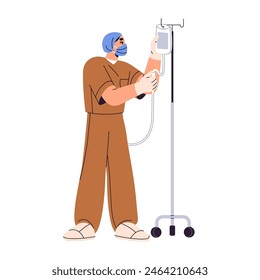 Nurse in protective mask adjusts IV on stand. Doctor setting up drop counter for intravenous therapy. Medic with medical dropper in hospital. Flat isolated vector illustration on white background