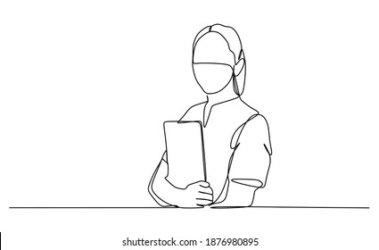 A nurse in protective mask holding medical record. Continuous one line drawing