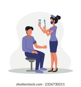 Nurse in protective mask holding vaccine and syringe, ready for injection. Young patient and doctor engaged in flu vaccination in hospital. Vector illustration in blue colors