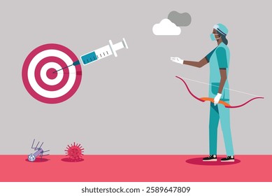 Nurse with a protective mask shoots a syringe into the center of the target.  Below some dead viruses. Vector illustrations