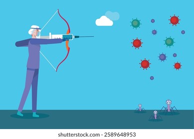 Nurse in protective suit firing an injection with a bow against viruses. Vector illustration