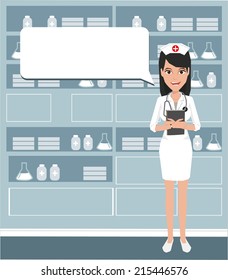 Nurse providing information with a smile on a speech bubble background. Vector illustration on the background of hospital ward. 