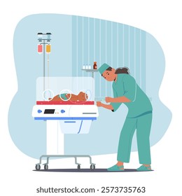 Nurse providing intensive neonatal care for preterm baby lying in incubator unite of intensive therapy ward. Doctor neonatologist eliminating medical problems after premature birth vector illustration