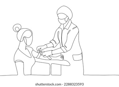 The nurse pulls the patient's arm with a tourniquet. Medical procedure. International Nurses Day. One line drawing for different uses. Vector illustration.