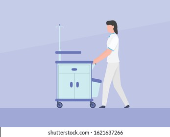 nurse push trolley box cabinet cart with medical instrument stuff with simple flat style