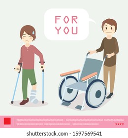 The nurse pushed the wheelchair for the man was broken leg and splinted with a support stick cartoon vector.