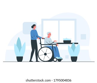 Nurse pushing an elderly man in a wheelchair. Vector concept illustration of young smiling female nurse helping happy senior man in a wheelchair in a cozy interior with plants and flowerpots